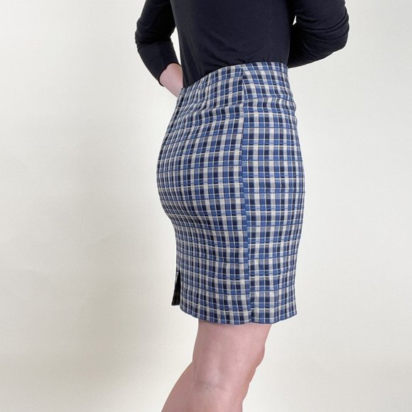 Vintage Linen Plaid High Rise Waisted Mini Skirt Pencil Preppy Light Academia - Picture 2 of 5